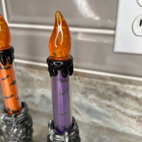 Set Of 4 Gothic Halloween LED Candles Skull Bases Orange & Purple READ - Picture 3 of 9